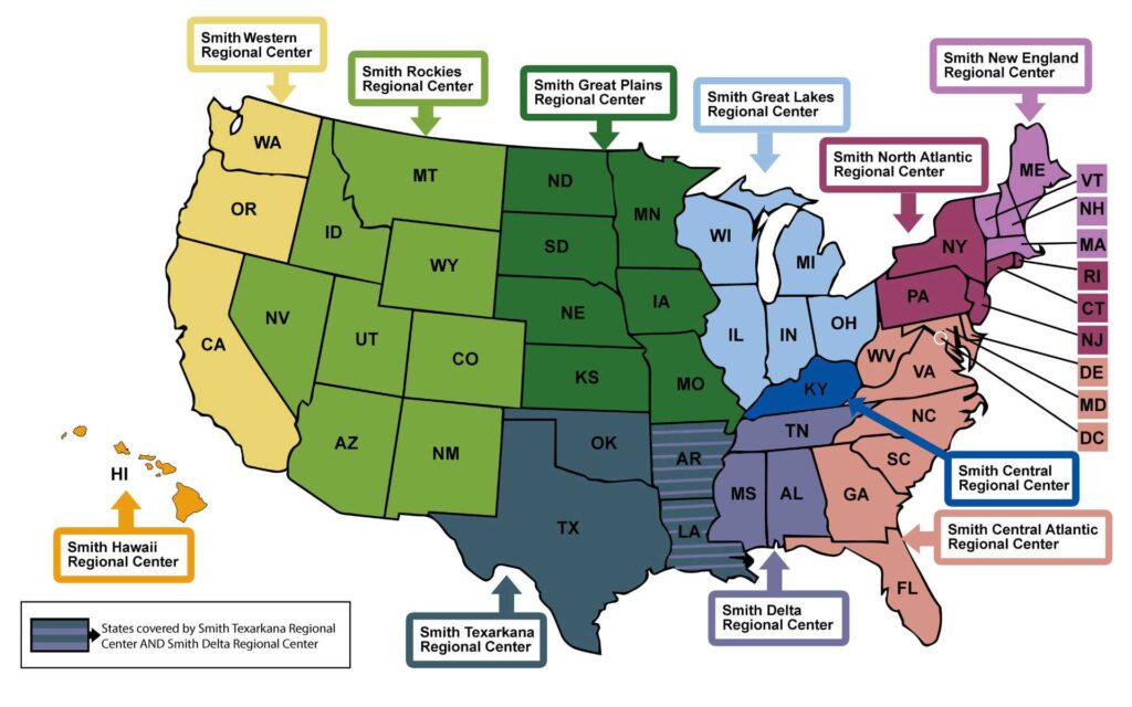 Map of all Smith Regional Centers covering 49 states.